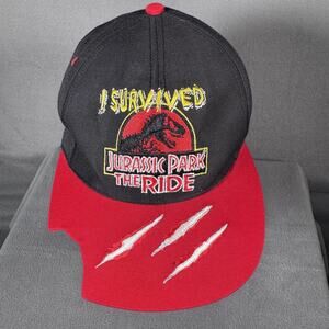 VINTAGE Jurassic Park Hat Cap Snap Back Black‎ Red I Survived The Ride Mens 90s